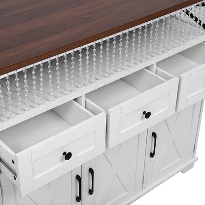 Ball & Cast Farmhouse Kitchen Island with Drape of Beads & Power Outlet, Rolling Kitchen Cart on 5 Wheels, 3 Drawers, Internal Iron Shelf & Towel Rack, for Kitchen & Dining Room, White