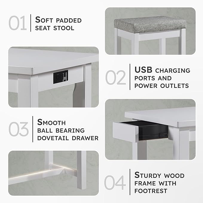 Lexicon Oreille Bar Table with Stools Set, Modern Console Table with Stools - 4-Piece Set with 2 USB Ports & A/C Power Outlets, Counter Height, Discrete Drawer, Perfect Dining Room & Kitchen White