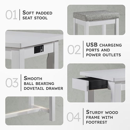 Lexicon Oreille Bar Table with Stools Set, Modern Console Table with Stools - 4-Piece Set with 2 USB Ports & A/C Power Outlets, Counter Height, Discrete Drawer, Perfect Dining Room & Kitchen White