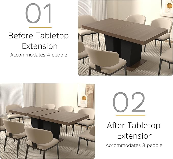 78.74" Extendable Dining Table for 6 8 10, Modern Farmhouse Expandable Kitchen Table with Dual Column Pedestal, Large Rectangle Wooden Expanding Table for Kitchen Dining Conference Room, Brown & Black