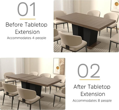 78.74" Extendable Dining Table for 6 8 10, Modern Farmhouse Expandable Kitchen Table with Dual Column Pedestal, Large Rectangle Wooden Expanding Table for Kitchen Dining Conference Room, Brown & Black