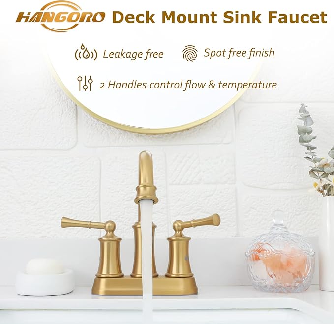 Brushed Gold 4 inch Centerset Bathroom Faucet, 2 Handle Bathroom Faucet 3 Hole, Antique Brass Bathroom Faucet with Pop Up Drain Supply Hose for Vanity Lavatory RV Farmhouse(L2303-BG)