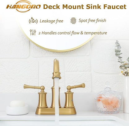 Brushed Gold 4 inch Centerset Bathroom Faucet, 2 Handle Bathroom Faucet 3 Hole, Antique Brass Bathroom Faucet with Pop Up Drain Supply Hose for Vanity Lavatory RV Farmhouse(L2303-BG)