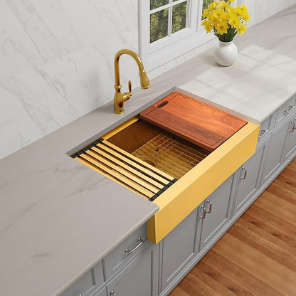 33-Inch Farmhouse Kitchen Sink, 16 Gauge Stainless Steel Farm Sink, Undermount Single Bowl, Brushed Finish, Deep Basin, Workstation Design with Accessories (Gold, 33" x 22" x 10")