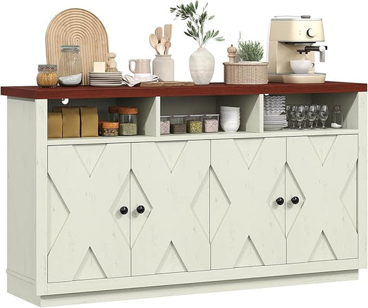 Bigbiglife Farmhouse Buffet Cabinet with Storage, Coffee Bar Cabinet with 3 Open Compartments, 59'' Large Kitchen Storage Cabinet Wood Coffee Bar Buffet Sideboard for Dining Room, Living Room
