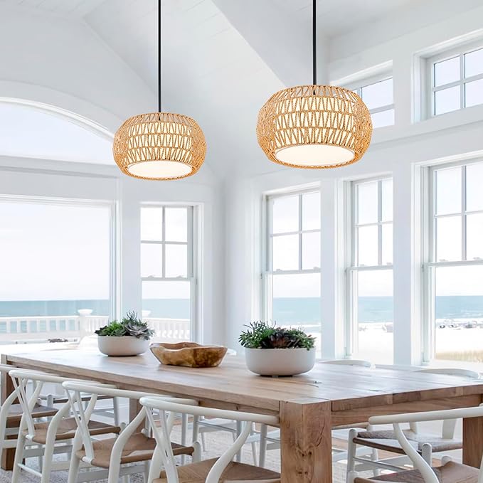 3-Light Farmhouse Rattan Chandelier,15.7'' Boho Hand Woven Drum Pendant Light Fixtures with Fabric Shade,Coastal Rattan Hanging Ceiling Lights for Kitchen Island,Dining Room,Living Room,Entryway,Foyer