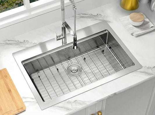 Drop In Kitchen Sink 33" x 22",16 Gauge T-304S Stainless Steel Workstation Sinks with Accessories, 33" x 22" x 10" Large and Deep Top Mount Single Bowl Kitchens Sink for Home,Outdoor