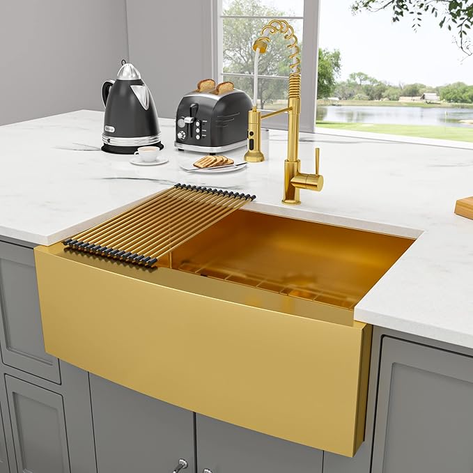 Lordear 30 Inch Gold Farmhouse Sink 30X21 Kitchen Sink Apron Front 16 Gauge Stainless Steel Matte Gold Deep Single Bowl Farm Sinks Basin