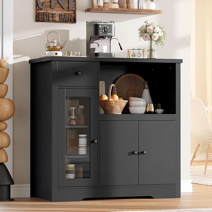 Storage Cabinet with Adjustable Shelves & Microwave Stand, Buffet Sideboard with Drawer, Single and Double Doors for Kitchen, Dining Room, Black