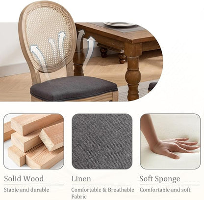 Linen Wooden Dining Chair Set of 6, Upholstered Farmhouse Dining Chair with Solid Wood Frame, Kitchen & Dining Room Chairs for Living Room, Restaurant, Bedroom (Gray-Rattan, Set of 6)