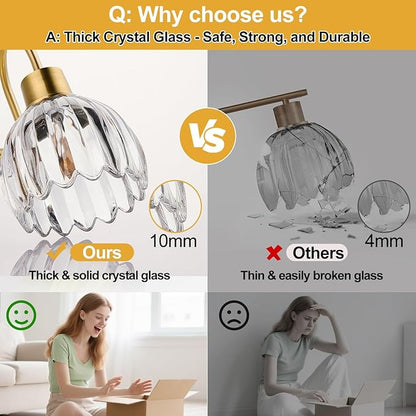 Bathroom Vanity Light (2-Light, 15 in), Brushed Gold Vanity Lights for Bathroom with Ribbed Clear Tulip Glass Shade, Vintage Vanity Wall Lights for Mirror Bedroom Living Room Hallway