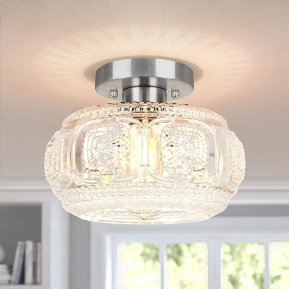 Brushed Nickel Semi Flush Mount Ceiling Light, Glass Shade Modern Ceiling Light Fixture, Lighting for Hallway Bedroom Entryway Kitchen Porch