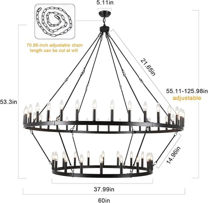 ANKYLHUA 60 Inch Black Extra Large Wagon Wheel Chandelier, 2 Tier 54-Lights Farmhouse Chandeliers Industrial Round High Ceiling Pendant Light for Dining Room, Living Room, Entryway