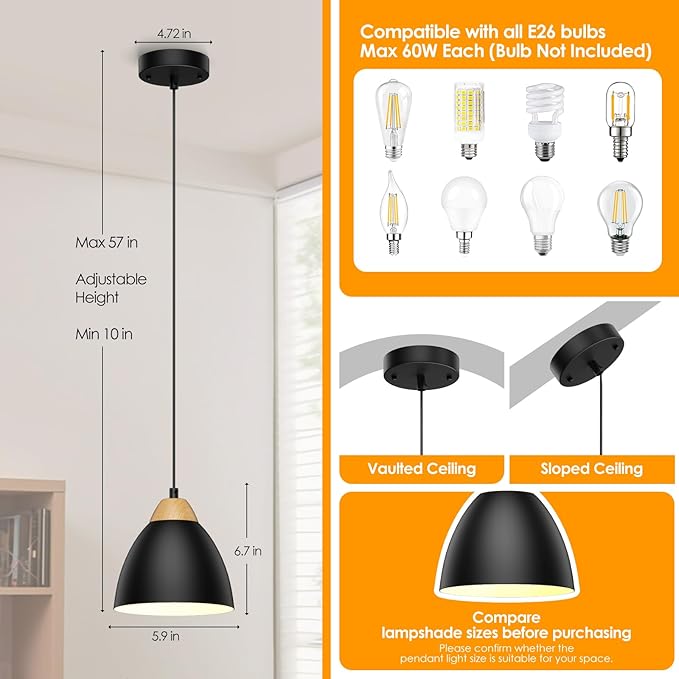 3 Pack Pendant Lights for Kitchen Island, 5.9" Cone Metal Shade Adjustable Height Black Small Hanging Lamps for Dining Room Light Fixtures Over Table Modern Ceiling Fixture
