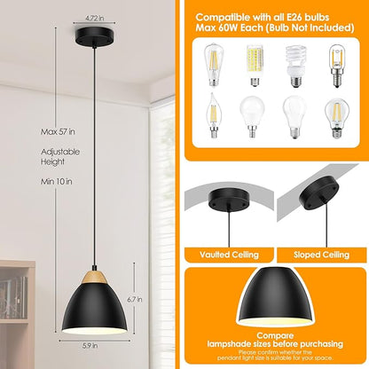 Black Pendant Lights for Kitchen Island, 5.9" Cone Metal Shade Adjustable Height Small Hanging Lamps for Dining Room Light Fixtures Over Table Modern Ceiling Fixture
