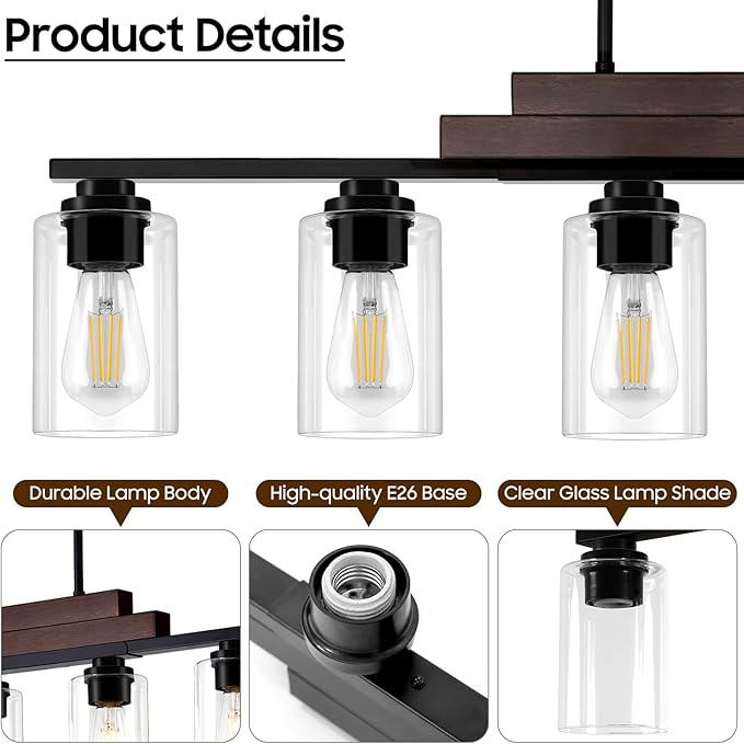 Farmhouse Dining Room Light Fixture Over Table, 6-Light Linear Chandeliers for Dining Room Hanging, Black Pendant Lights Kitchen Island Lighting, Wood Ceiling Light Fixture with Clear Glass Shade