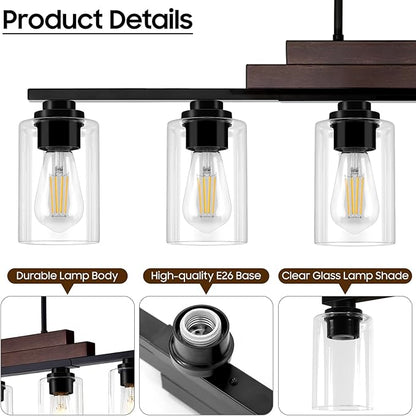 Farmhouse Dining Room Light Fixture Over Table, 6-Light Linear Chandeliers for Dining Room Hanging, Black Pendant Lights Kitchen Island Lighting, Wood Ceiling Light Fixture with Clear Glass Shade