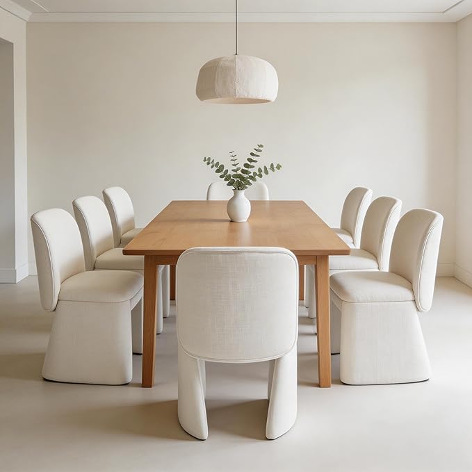 Hyfirm Modern Upholstered Dining Chairs Set of 8, Linen Accent Side Dining Chairs Armless Kitchen Chairs with Curved Back Parsons Chairs for Kitchen Dining Room Living Room, White