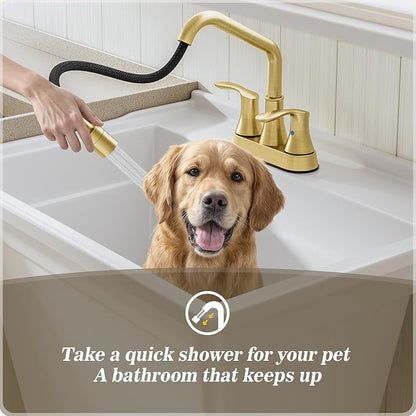 Phiestina Gold Utility Sink Faucet 3 Hole, Laundry Sink Faucet with Pull Out Sprayer, Long Spout Dual Handle Modern Bathroom Faucet, 4 Inch CenterSet Laundry & Utility Room Sink Faucets, LF36CL-2M-BG