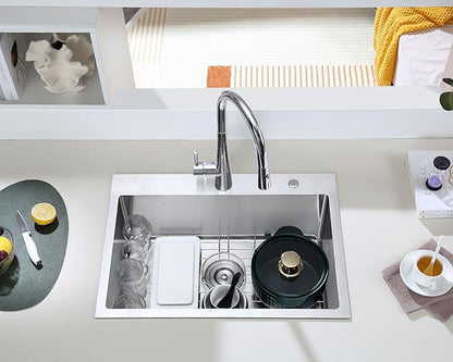 Brushed 25 Inch Drop in Kitchen Sink, 18 Gauge Stainless Steel Single Bowl Kitchen Sink with 2 Faucet Holes, 9'' Deep Basin Bowl with Grid, D25" x W18" x H9"