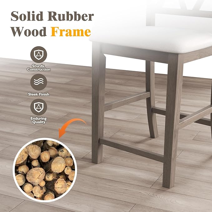 Giantex Wood Bar Stools Set of 2, 24" Counter Height Bar Stools w/Cross Back & Linen Fabric Upholstered Seat, Modern Farmhouse Wooden Barstools for Kitchen Island, Home Bar, Dining Room, Grey & White