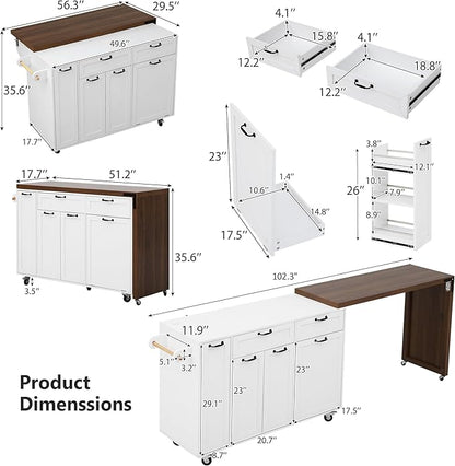 Kitchen Island with Extendable Dining Table, Rolling Kitchen Cart with Drawers and Trash Storage Cabinet, Island Mobile Dining Table on Wheels with 3-Tier Pull-Out Spice Rack for Small Space White