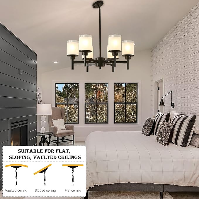 6-Light Black Chandelier for Dining Room Kitchen Island,Modern Farmhouse Pendant Lighting Over Table with Glass Shades,Industrial Metal Hanging Ceiling Light Fixture for Bedroom Hallway
