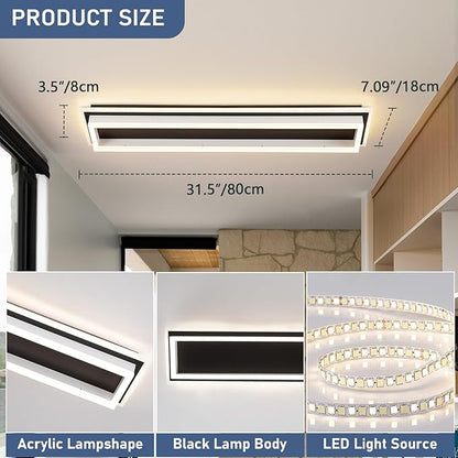 Dimmable Led Ceiling Light with Remote Control 31.5in Modern Linear Flush Mount Ceiling Lighting Fixture Acrylic Long Ceiling Lamp for Living Room Kitchen Dining Room Hallway (Black&White)