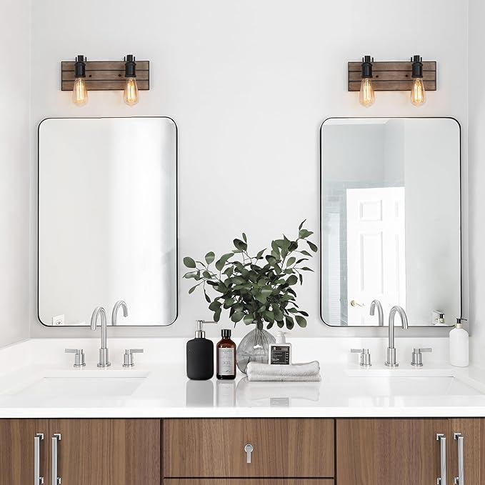 LOG BARN Farmhouse Bathroom Light Fixtures, 2 Light Vanity Lights for Bathroom, 13.8-Inch Rustic Faux Wood Bathroom Lighting Lights Over Mirror