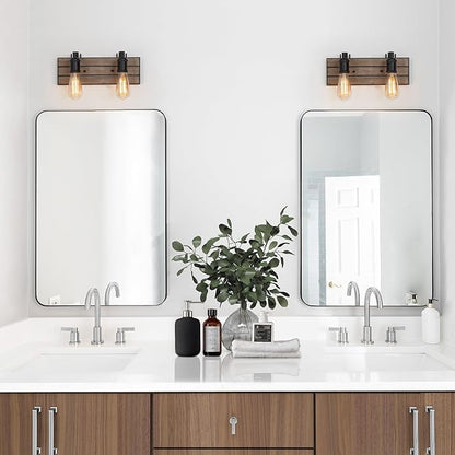 LOG BARN Farmhouse Bathroom Light Fixtures, 2 Light Vanity Lights for Bathroom, 13.8-Inch Rustic Faux Wood Bathroom Lighting Lights Over Mirror