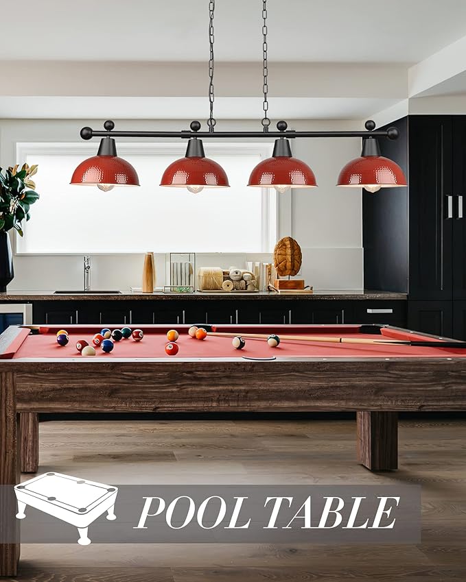 FEMILA 48" Billiard Light, Red Pool Table Light for 7ft/8ft Table, 4-Light Kitchen Island Lights with Hammered Metal Shades,Modern Chandelier for Game Room, Dining, Bar, 4FG60-4LP RED