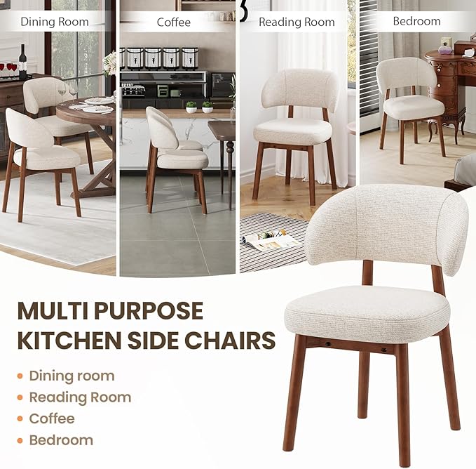 MALOL Wooden Dining Chairs Set of 4, Modern Upholstered Dining Room Chair, Fabric Kitchen Side Chairs with Curved Open Back for Living Room/Restaurant/Cafe, Beige