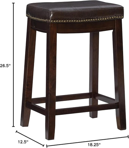 Linon Kingston Brown Wooden Backless 26.5 Inch Seat Height Counter Stool with Brown Faux Leather Upholstered Seat and Nailheads