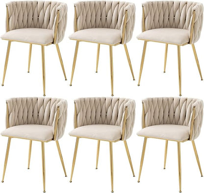 Nrizc Woven Dining Chairs Set of 6, Velvet Upholstered Dining Chairs with Gold Metal Legs, Modern Accent Chairs for Living Room, Dining Room, Kitchen (Beige)