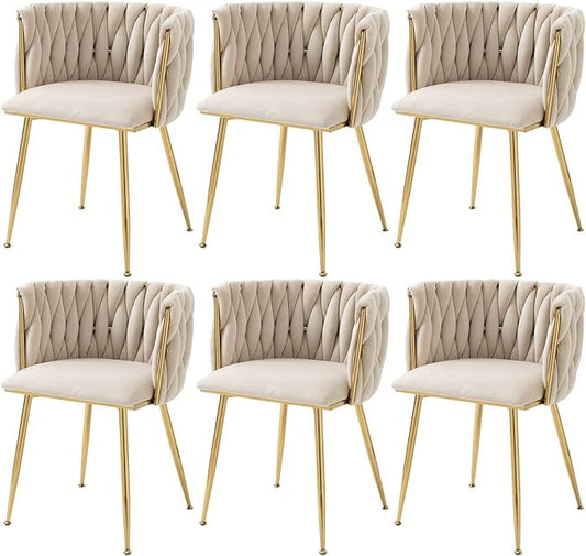 Nrizc Woven Dining Chairs Set of 6, Velvet Upholstered Dining Chairs with Gold Metal Legs, Modern Accent Chairs for Living Room, Dining Room, Kitchen (Beige)