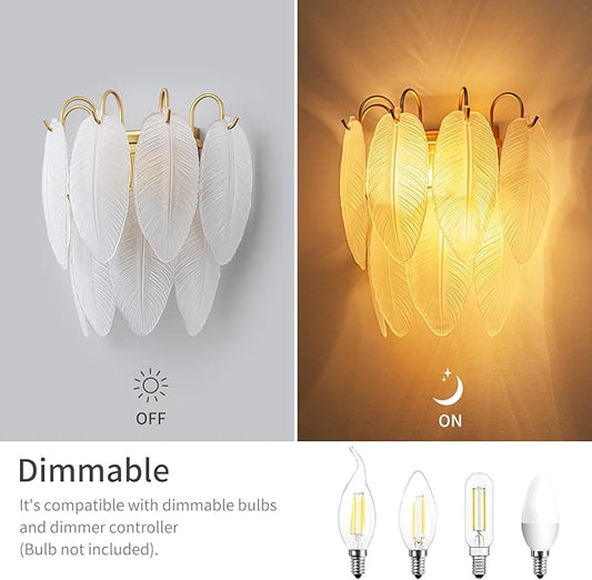 LumFurn 2-Light Gold Wall Sconces, Modern Design Indoor Wall Lamp, Vanity Wall Mount Light Fixture for Bathroom, Hallway, Bedroom, Frosted Feather-Shaped Glass Shade & Brass Finish Frame