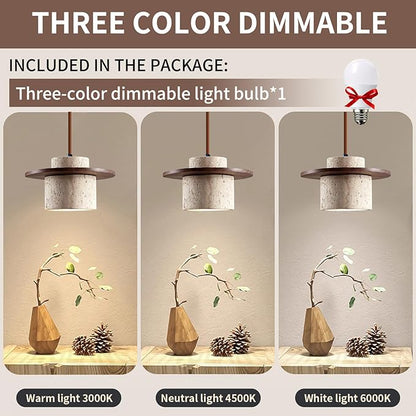 Japanese Wabi sabi Pendant Light with Natural Stone Shade, Dimmable Modern Wood Hanging Lamp Fixture, Adjustable Height Pendant Lamp for Bedroom, Kitchen Island, Dining Room, Restaurant, Cafe, Bar (C)