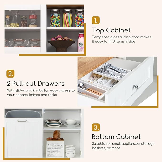 Giantex 68” Tall Kitchen Pantry, Buffet Hutch w/Tilt Out Trash Can Storage Cabinet, 2 Drawer, Shelves, Rubber Wood Microwave Countertop, Wood Sideboard Cupboard for Home Coffee Bar (White & Natural)