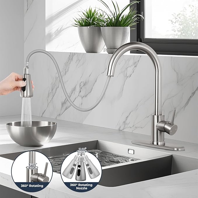 FGKQ Kitchen Faucet with Pull Down Sprayer,Kitchen Sink Faucet with Sprayer and Deck, Commercial Faucet for Kitchen Sink Stainless Steel,Single Handle, Suitable for RV/Bar Sink,Brushed Nickel
