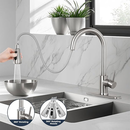 FGKQ Kitchen Faucet with Pull Down Sprayer,Kitchen Sink Faucet with Sprayer and Deck, Commercial Faucet for Kitchen Sink Stainless Steel,Single Handle, Suitable for RV/Bar Sink,Brushed Nickel