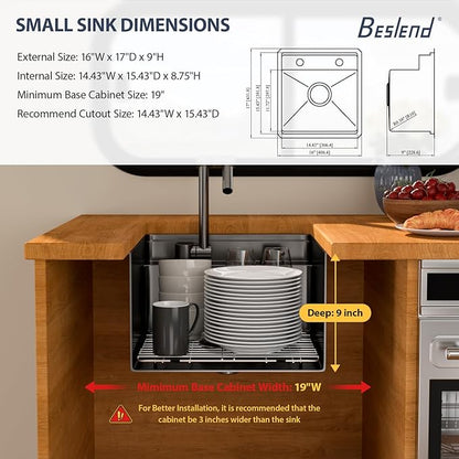 16 Inch Outdoor Undermount Bar Sink With Faucet and Cover - Beslend 16x17x9 Undermount Kitchen Sink Workstation 16 Gauge Stainless Steel Single Bowl Sinks Under Counter Indoor Outdoor Black