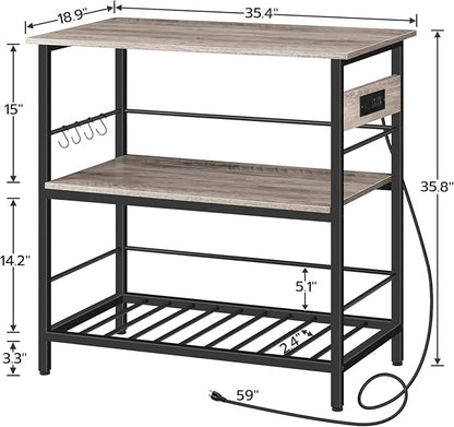 HOOBRO Kitchen Island with Storage, Kitchen Island Table with Power Outlet, 3 Tier Coffee Station and Microwave Stand, for Home, Dining Room, Greige and Black BG021ZD01