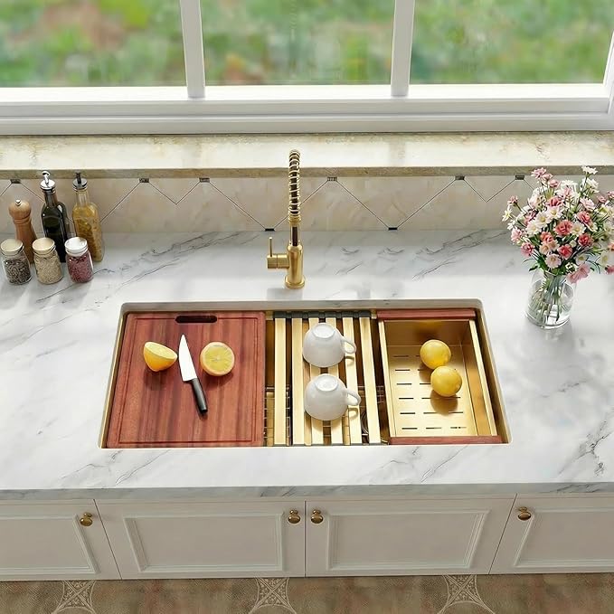 Gold Undermount Double Kitchen Sink, 16 Gauge SUS304 Stainless Steel Kitchen Sinks,50/50 Features All In One Workstation Sinks with Accessories, 30"x 18" x 10" Large and Deep Gold Double Sink