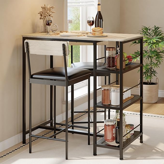 3-Piece Modern Dining Set, Dining Table Set with 2 Upholstered Bar Stools,Bar Table Set w/ Metal Frame&Built-in Wine Rack for Kitchen Dining Room Apartment Breakfast Nook 36"Lx 16.7"W x 37.2"H Gray