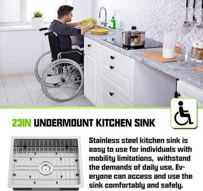 Stainless Steel Kitchen Sink, 23x18x5.5 Inch Low Height Design Single Bowl Undermount Kitchen Sink Come With Accessories Ensure Individuals With Limited Mobility Easily Accessing And Using