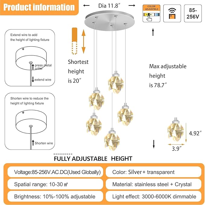 5-Light Cluster Crystal Raindrop Pendant Lights- 25W LED Dimmable Hanging Light Fixture Chandelier for Kitchen Island, Dining Room Living Room