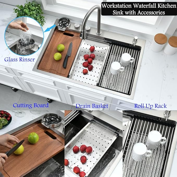 33 Inch Drop In Waterfall Kitchen Sink with Faucet Combo-Bokaiya 33x19 Drop In Sink with Cup Washer 16 Guage 10 Inch Deep Multifunctional Single Bowl Kitchen Sink Set