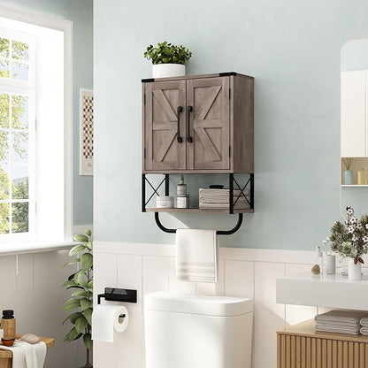 RUSTOWN Farmhouse Rustic Medicine Cabinet with Two Barn Door,Wood Wall Mounted Storage Cabinet with Adjustable Shelf and Towel Bar, 3-Tier Cabinet for Bathroom, Living Room(Washed Oak)