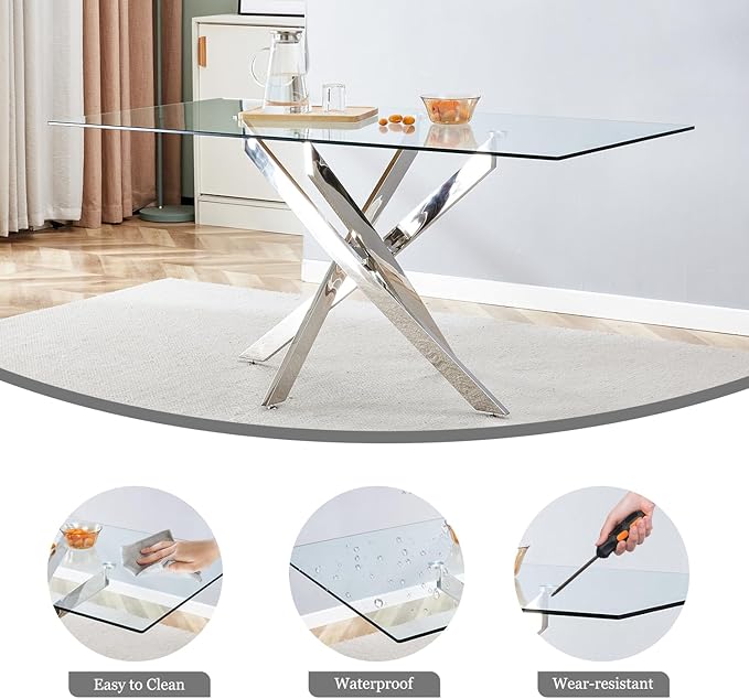 63" Modern Rectangular Glass Dining Table for 4-6, Contemporary Dining Room Table with Tempered Glass Top & Silver Finish Stainless Steel Legs for Kitchen, Home, Dining Room