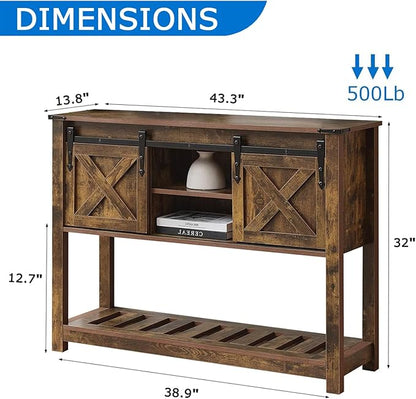 Entryway Table with Storage, Farmhouse Buffet Cabinet Coffee Bar Kitchen Island with Sliding Barn Doors & Shelves, Console Table for Kitchen, Dining Room, Living Room, Brown